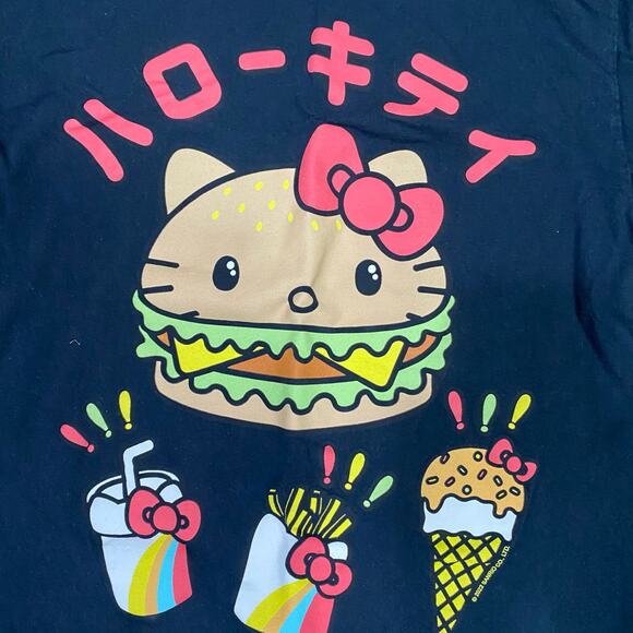 Sanrio Hello Kitty Graphic Tee Size MEDIUM HK Burgers and Fries on Black T-Shirt - Picture 6 of 6